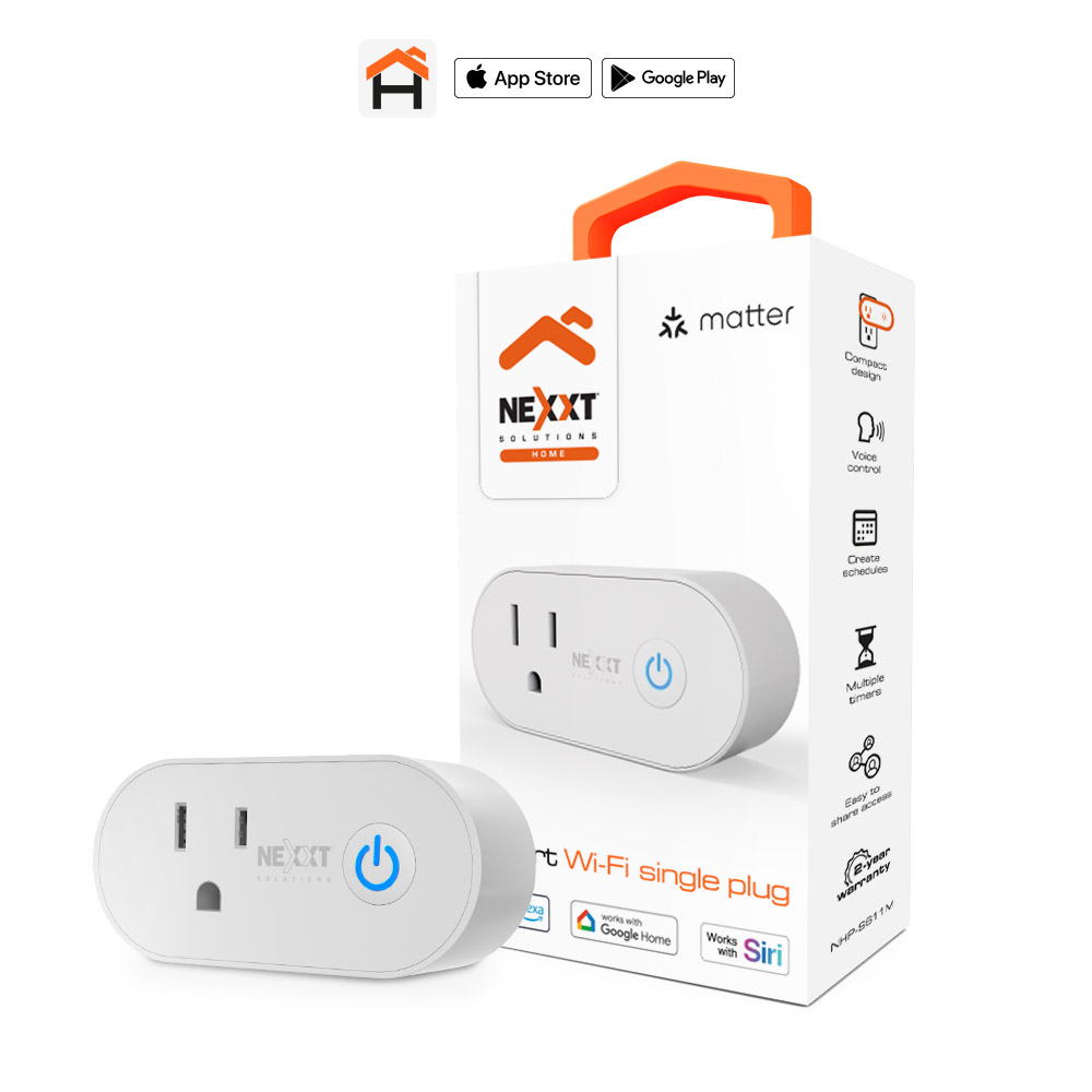 Enchufe Inteligente Nexxt NHP-S611M Wi-Fi con Tecnología Matter | Corriente Nominal 10A | Potencia Máxima de Carga 1100W | Conexión Wi-Fi IEEE 802.11N 2.4GHz | Compatible Alexa, Google Assistant, Siri, SmartThings y Apple HomeKit | Programación de Horarios y Rutinas | Construcción en PC | Color Blanco
