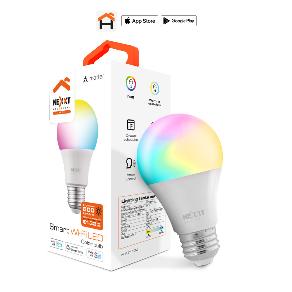 Bombillo Inteligente Wi-Fi Nexxt Solutions NHB-C110M Multicolor RGB + CCT | Potencia LED de 9W (Equivalente a 60W) y Flujo Luminoso de 800 Lúmenes | Rosca Estándar E26/E27 | Luz Blanca Sintonizable Cálida a Fría (2700K–6500K) y 16 Millones de Colores | Conexión Wi-Fi sin Hub | Control por Voz con Alexa y Google Assistant | Paquete Individual de 1 Unidad | NHB-C110M