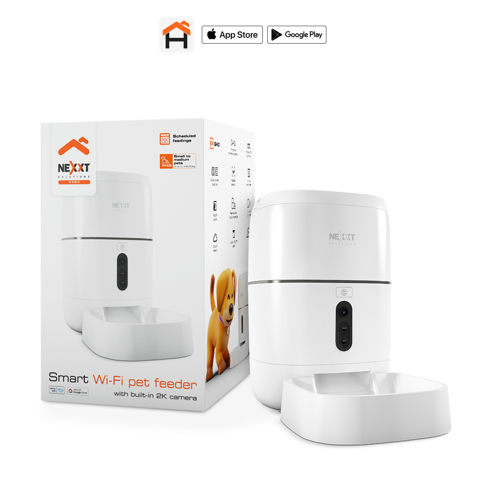 Dispensador de Comida Inteligente Wi-Fi Nexxt Solutions NHA-P610 V2 para Mascotas | Cámara 2K QHD Integrada con Audio Bidireccional | Dosificación Programable de 10 a 70 Gramos | Para Mascotas de hasta 20 kg (44 lb) | Tolva Hermética y Bandeja Desmontable | Compatible con Google Home y Alexa