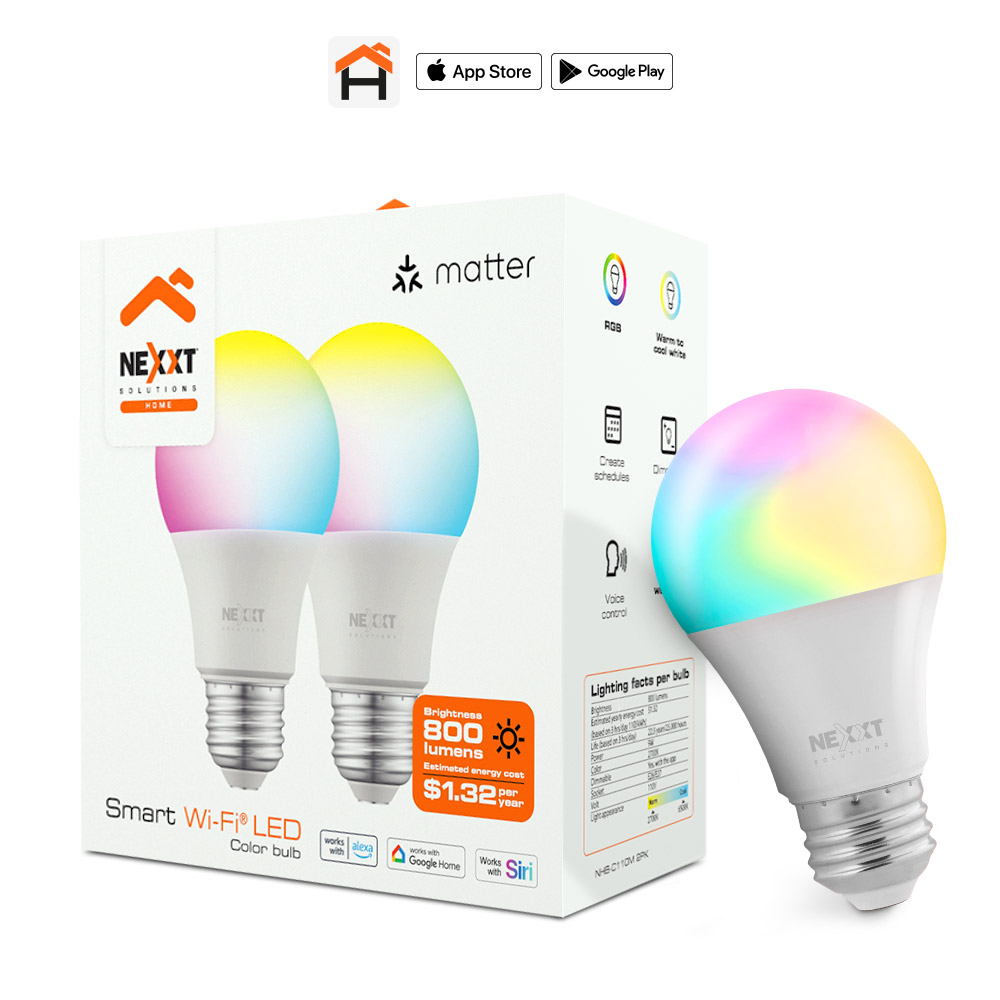 Bombillos LED Inteligentes Wi-Fi Nexxt Solutions NHB-C110M A19 Multicolor RGB + CCT con Tecnología Matter | Potencia LED de 9W y Flujo Luminoso de 800 Lúmenes (Equivalente a 60W) 110V | Rosca Estándar E26/E27 | Luz Blanca Sintonizable Cálida a Fría y 16 Millones de Colores | Interoperabilidad Nativa con Apple Home, Google Home, Alexa y SmartThings | Paquete de 2 Unidades (2-Pack)