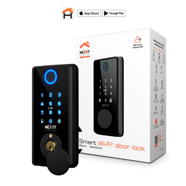 Cerradura Inteligente Wi-Fi Nexxt Solutions NHS-D150 Tipo Cerrojo Deadbolt | Acceso 5 en 1 con Lector de Huella Digital, Teclado Numérico Táctil, App Nexxt Home, Llave Digital y Llave Mecánica | Bloqueo Automático Autolock | Puerto USB-C de Energía de Emergencia | Autonomía hasta 10 Meses con Baterías AA | Acabado Negro | NHS-D150 / MM107NXT57