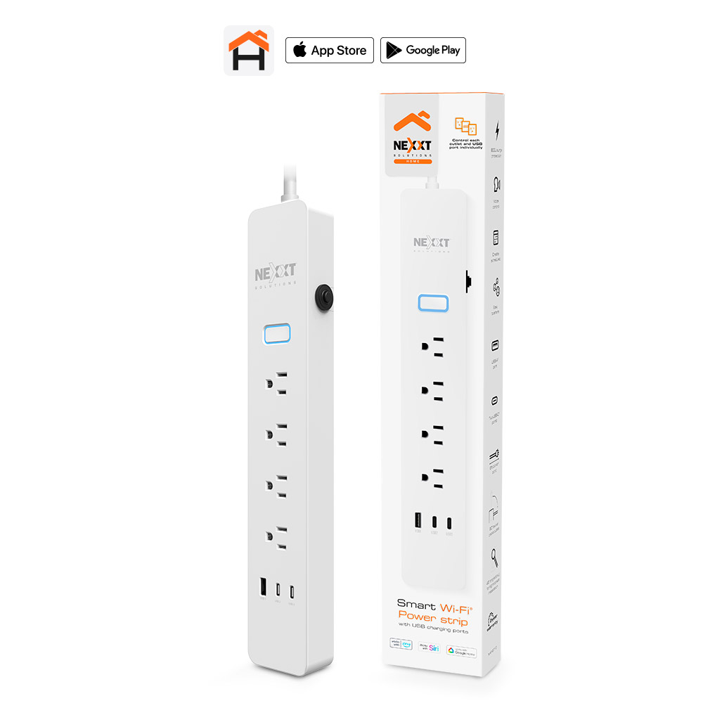 Regleta Protectora de Sobretensión Inteligente Wi-Fi Nexxt Solutions NHP-E710 | Supresión de Picos de 800 Joules | 4 Tomacorrientes AC Controlables + 3 Puertos de Carga USB (2x USB-C y 1x USB-A) | Cable de Alimentación de 6 Pies con Enchufe Giratorio a 90° | Automatización con App Nexxt Home | Compatible con Siri, Alexa y Google Assistant | NHP-E710
