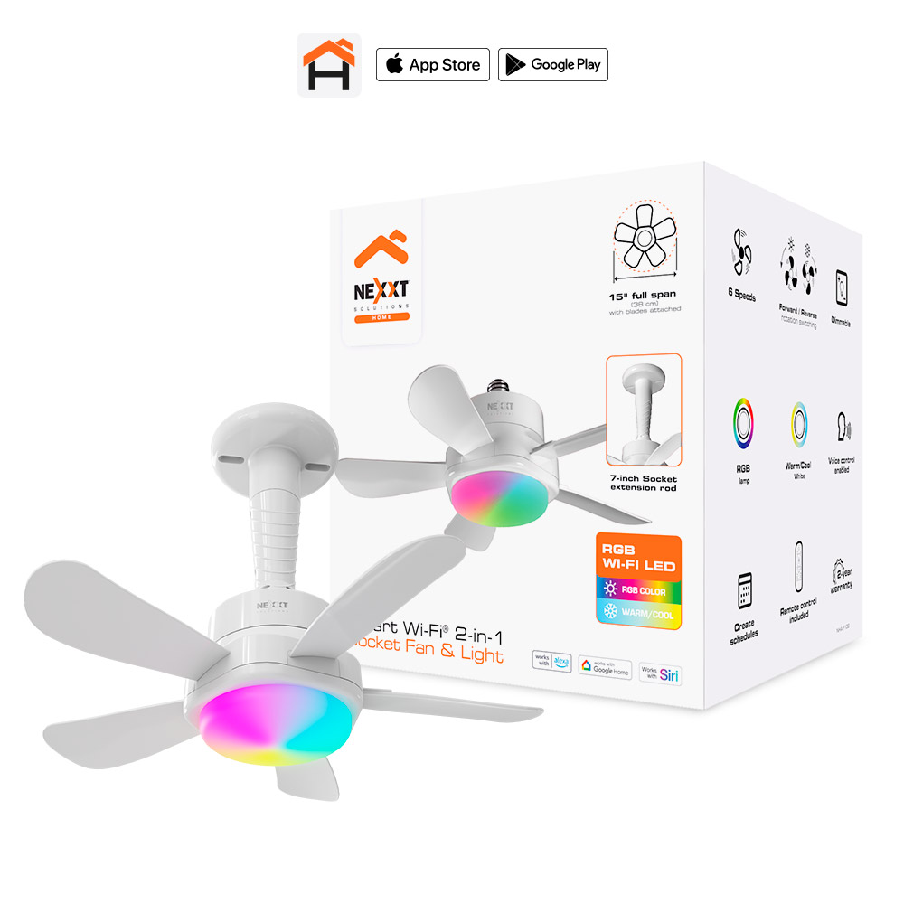 Ventilador de Techo Inteligente 2 en 1 Wi-Fi Nexxt Solutions NHA-F100 con Lámpara LED Integrada | Instalación DIY para Socket E26/E27 con Extensión de 7 Pulgadas | Iluminación RGB + CCT Regulable hasta 1200 Lúmenes | Diámetro Total de 15 Pulgadas | Motor de 6 Velocidades con Giro Reversible | Control Remoto Físico Incluido | Compatible con Siri, Alexa y Google Home | NHA-F100