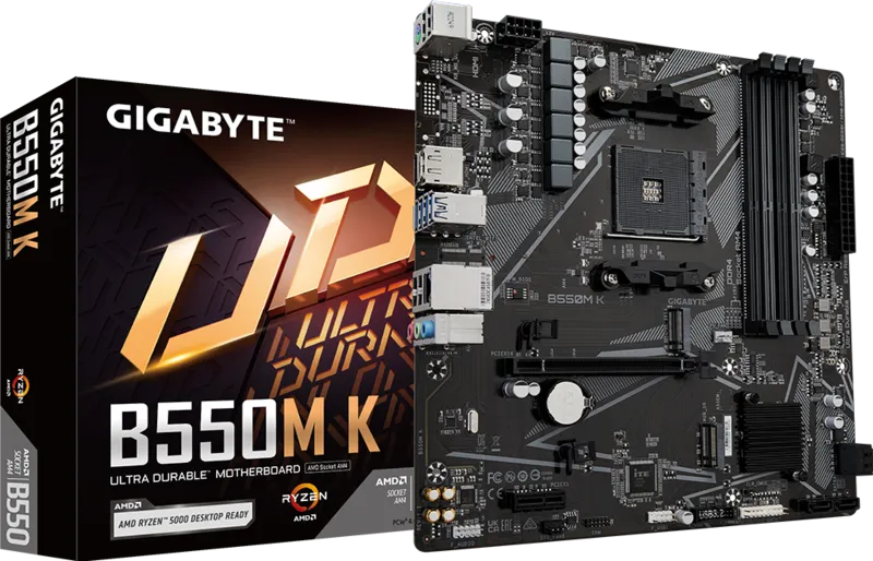 Motherboard GIGABYTE B550M K (Rev. 1.1) Micro-ATX | Socket AMD AM4 | Compatible Ryzen 5000/5000G/4000G/3000/3000G | Chipset B550 | 4x DDR4 hasta 128GB (4733MHz OC) | PCIe 4.0 x16 | Doble M.2 NVMe PCIe 4.0/3.0 | 4x SATA 6Gb/s RAID 0/1/10 | LAN GbE | DisplayPort + HDMI