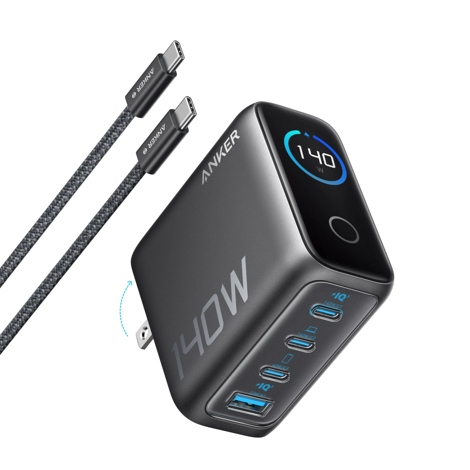 Cargador Anker 140W de 4 Puertos (PD 3.1) con Cable USB-C | Tecnología GaN | 3x USB-C + 1x USB-A | Pantalla Táctil de Alta Definición | Salida Individual hasta 140W | Compatible iPhone, Samsung, MacBook, Steam Deck | Modelo B2697