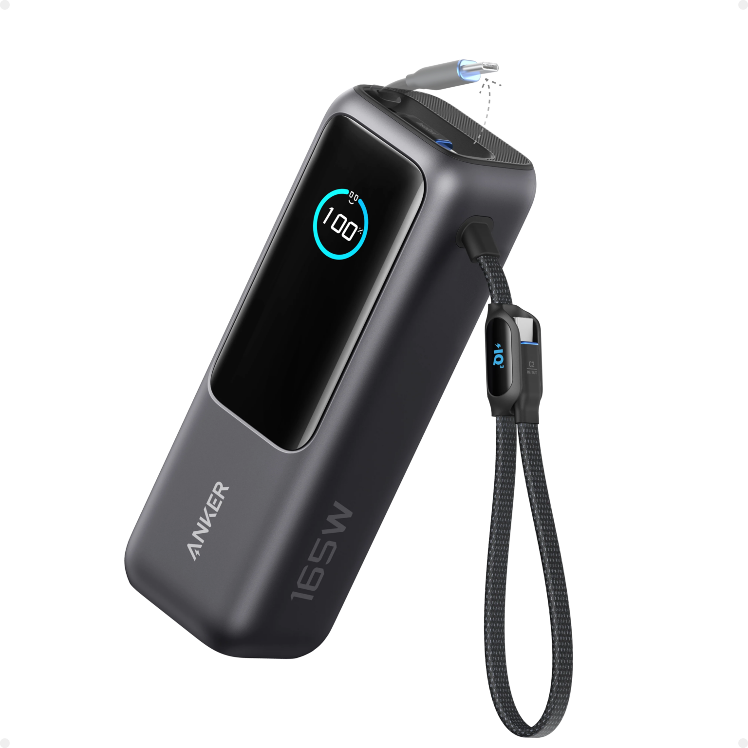 Batería Portátil Anker para Laptop 25K (165W) con Cables Integrados y Retráctiles | 3 Puertos USB-C de 100W Cada Uno | Carga 4 Dispositivos Simultáneos | Pantalla Inteligente en Tiempo Real | ActiveShield 2.0 | Aprobada para Vuelo | Capacidad 25,000mAh | Color Space Black | Modelo A1695