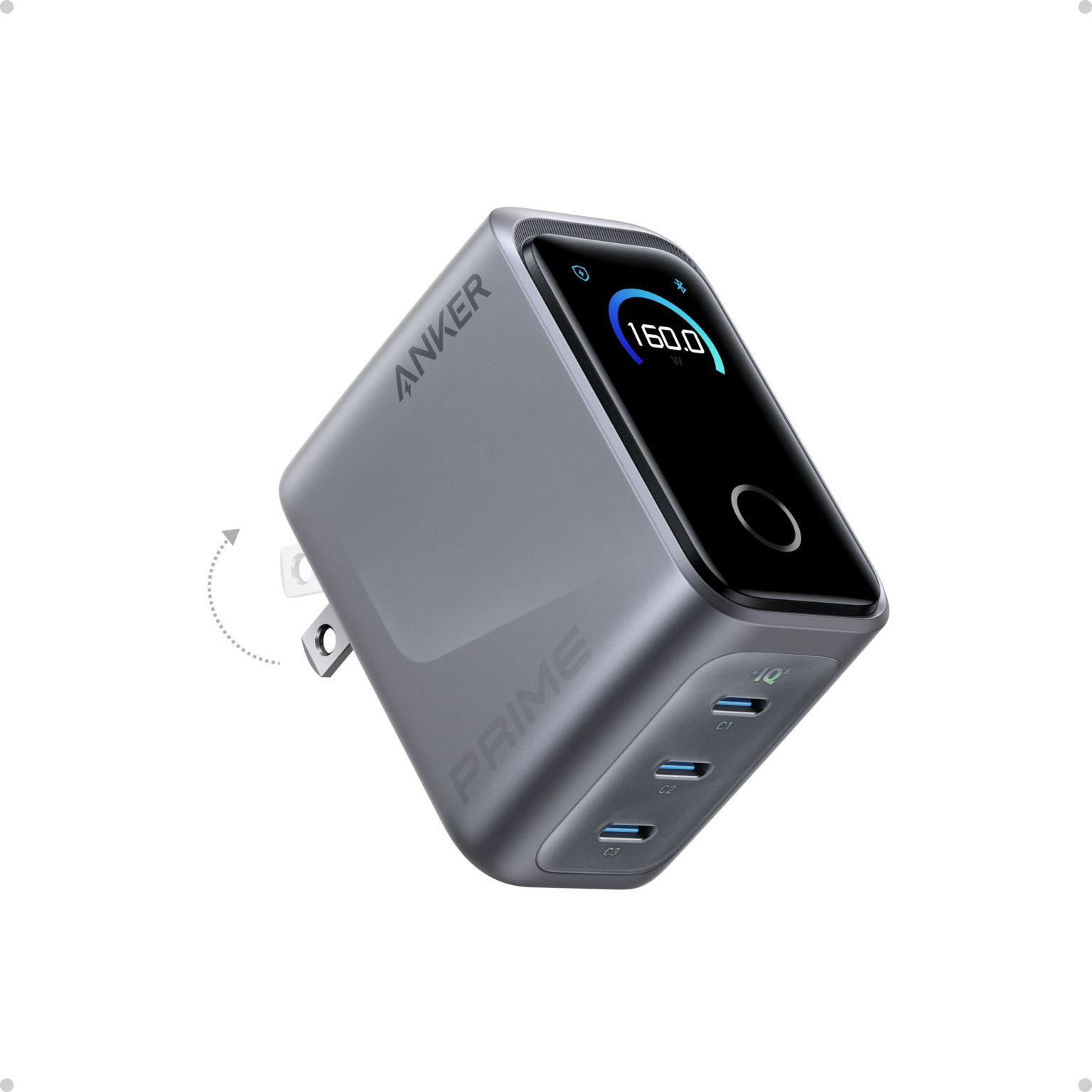 Cargador Anker Prime 160W de 3 Puertos USB-C con Pantalla Inteligente | Tecnología GaNPrime 2.0 con PowerIQ 5.0 | Densidad de Potencia 1.35W/cm³ | ActiveShield 4.0 (10M+ Verificaciones/Día) | Control Bluetooth vía App | Distribución Dinámica de Potencia con IA | Compatible MacBook, iPhone, iPad | Honoree CES 2026 | Modelo A2687