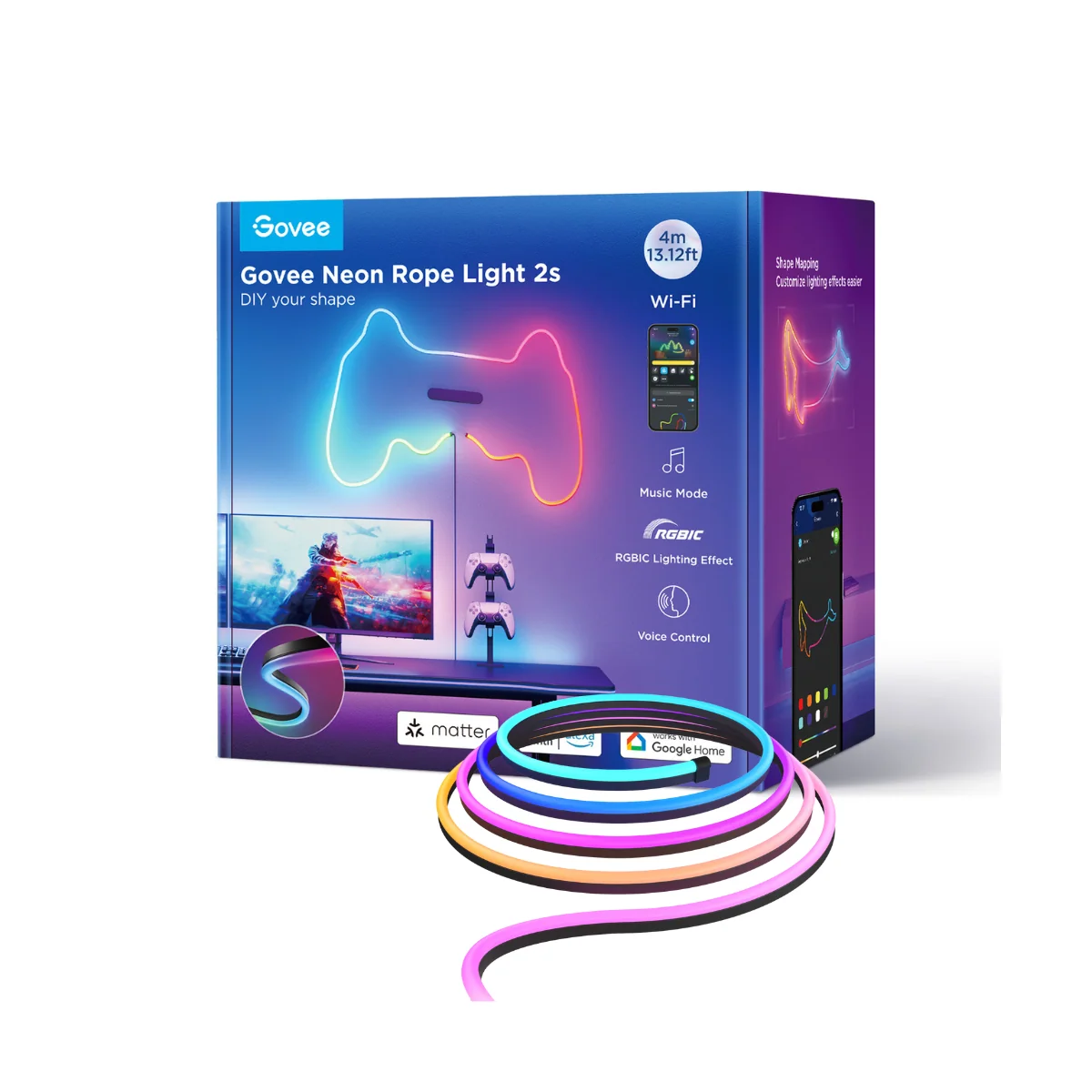 Tira de Luz Neón LED Govee Neon Rope Light 2S de 4 Metros | Acabado Exterior Negro | Tecnología RGBIC con Efectos de Iluminación Segmentados Dinámicos | Control por App Govee Home, Wi-Fi y Bluetooth | Compatible con Matter, Alexa y Google Assistant | Sincronización de Audio y Mapeo por Cámara | Govee H61D4 / H61D4A11