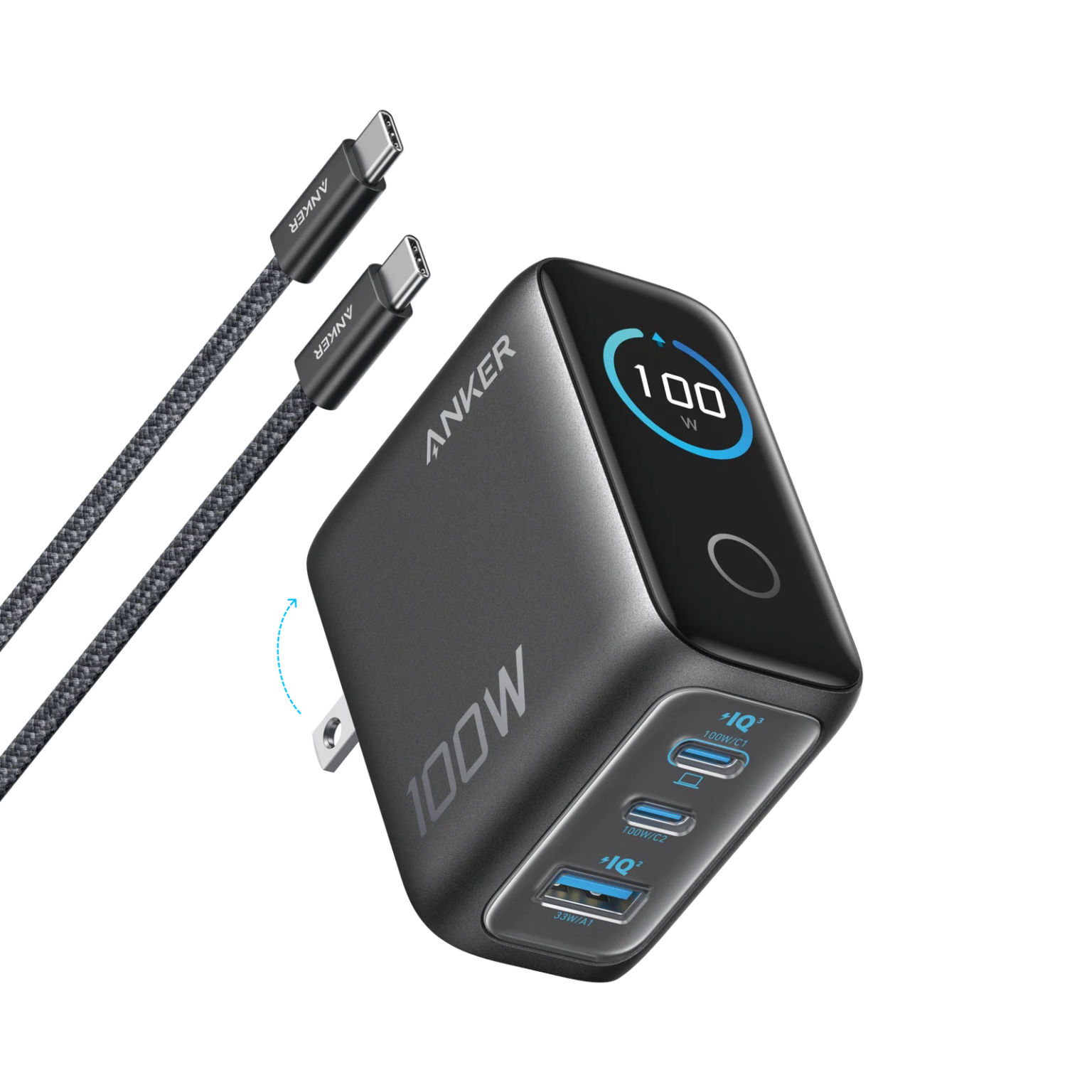 Cargador Rápido de Pared Anker 100W GaN de 3 Puertos (2x USB-C + 1x USB-A) con Pantalla Digital Inteligente (Smart Display) | Entrega de Energía a Máxima Velocidad (Full-Speed 100W) | Protección Activa ActiveShield 4.0 | Cable USB-C Incluido | Compatible con MacBook Pro/Air, Laptops, iPhone, Samsung Galaxy y Steam Deck | Space Black | B121B
