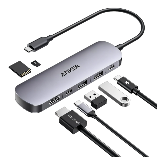 Concentrador Adaptador USB-C Anker 7 en 1 con Salida HDMI 4K a 60Hz | Entrega de Energía Power Delivery con Carga Pasante de 85W (Pass-Through) | Puertos de Datos de Alta Velocidad a 5Gbps | Ranuras para Tarjetas SD y MicroSD | Chasis Portátil de Aluminio para MacBook Pro/Air, Dell XPS, ThinkPad, iPad y Consolas Portátiles | Anker USB-C Hub (7-in-1)