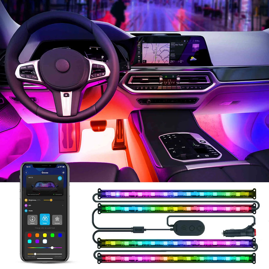 Kit de Luces LED RGBIC para Interior de Auto Govee H7090 | 4 Barras de Luz con Efectos Dinámicos Segmentados | Control Inteligente por Bluetooth y App Govee Home | Sincronización de Audio con Música y Micrófono Integrado | Alimentación por Conector de Encendedor de 12V con Botón Físico