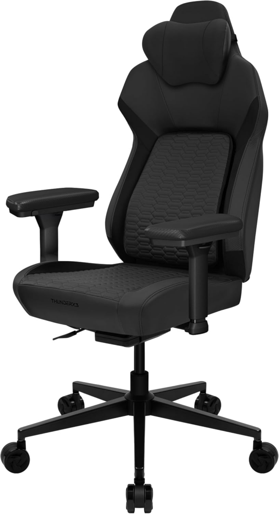 Silla Gamer Ergonómica ThunderX3 CORE Smart Racer | Mecanismo Lumbar CORE.RDY Multidireccional | Tapizado en Cuero Sintético Prémium con Textura Carbono | Reposabrazos 4D con Acolchado Suave | Reposapiés Multiusos y Cojín Cervical Alado con Espuma con Memoria | Pistón Clase 4 | Color Negro
