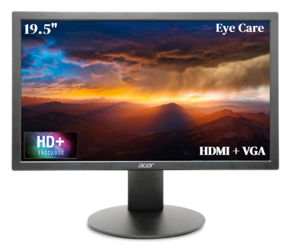 Monitor Acer V206Q de 19.5 Pulgadas HD+ (1600x900) | Panel TN con Retroiluminación LED | Brillo de 200 Nits | Tiempo de Respuesta 6ms (GTG) | Contraste Dinámico 100,000,000:1 | Acer VisionCare (Eye Care) | 1x VGA + 1x HDMI (Cable HDMI Incluido) | Ajuste de Inclinación | Montaje en Pared | Negro