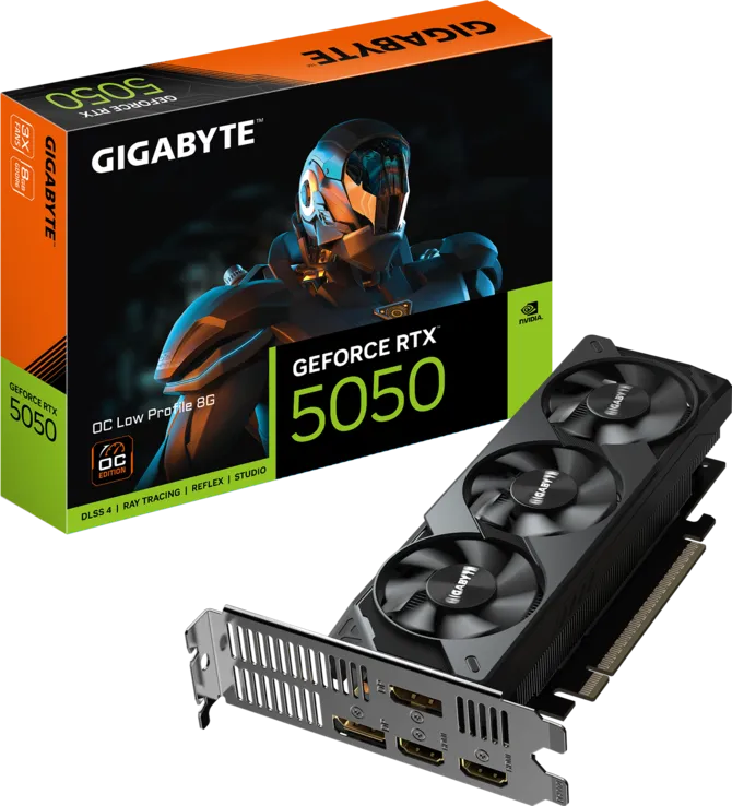 Tarjeta Gráfica GIGABYTE GeForce RTX 5050 OC Low Profile 8G | Perfil Bajo (Bracket Incluido) | Arquitectura NVIDIA | 2560 Núcleos CUDA | 8GB GDDR6 Bus de 128 bits (20Gbps) | Bus PCI-E 5.0 | Core Clock 2587MHz | 1x DisplayPort 2.1b + 1x DisplayPort 1.4a + 2x HDMI 2.1b | PSU Recomendada 550W | GV-N5050OC-8GL