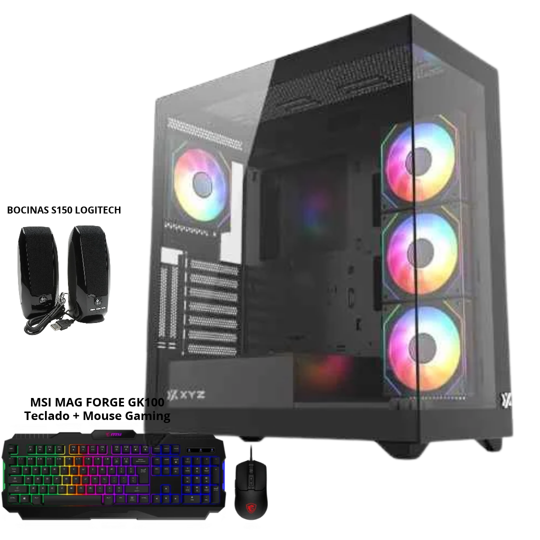 PC Gaming XYZ Tesseract X50 con teclado,mouse y bocina GRATIS | AMD Ryzen 5 5600 | NVIDIA GeForce RTX 5060 8GB | 16GB RAM DDR4 3200MHz | Almacenamiento SSD SATA de 512GB | Placa Madre MSI B550M Wi-Fi | Fuente de 650W 80 Plus Bronce | CPU Cooler de Aire Thermalright | Gabinete Tamaño ATX | Color Negro