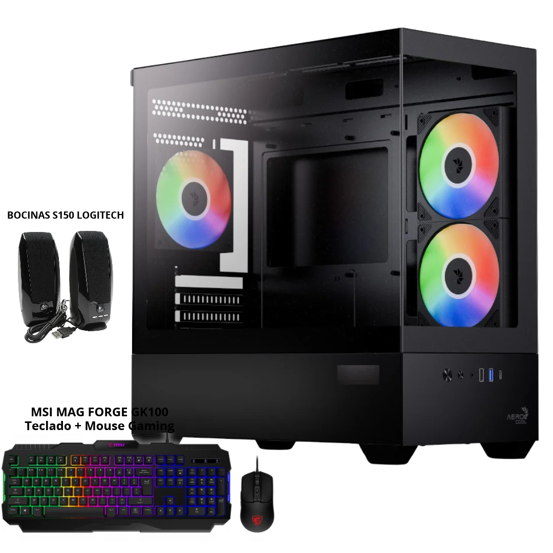 PC Gaming Aerocool P300D Digi con teclado,mouse y bocina GRATIS | AMD Ryzen 7 5700 | NVIDIA GeForce RTX 5050 8GB | 16GB RAM DDR4 3200MHz | Almacenamiento SSD SATA de 512GB | Placa Madre MSI B550M Wi-Fi | Fuente de 650W 80 Plus Bronce | CPU Cooler de Aire ID-Cooling | Color Negro