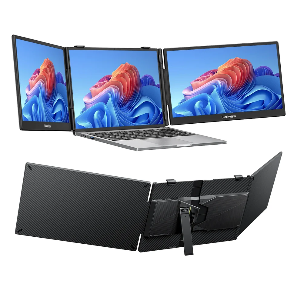 Monitor Portátil Blackview DCM5 | Doble Pantalla Plegable de 14 Pulgadas | 1920x1080 (Full HD) | Panel IPS | 60Hz | 3 Puertos USB-C | Soporte Integrado para Laptops de 13" a 17.3" | DCM5 | Negro