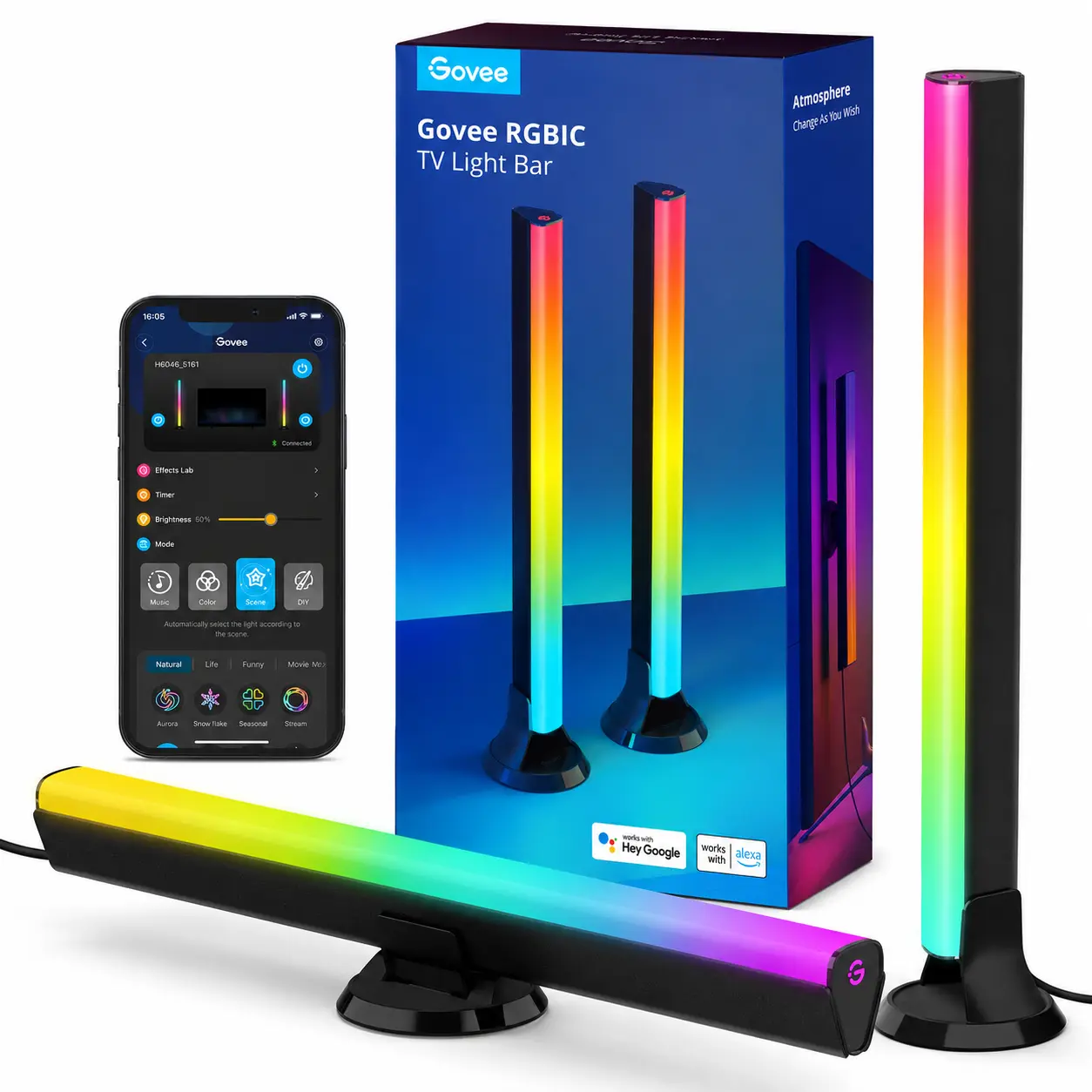 Barras de Luces Govee Smart Flow Pro RGBIC H6046 para TV de 55 a 77 Pulgadas | 2 Barras de 38 cm | Wi-Fi 2.4GHz y Bluetooth | Alexa y Google Assistant | Sincronización con Música | Negro | H6046111