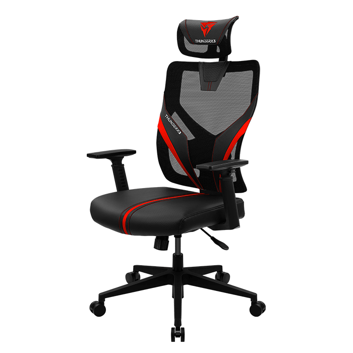 Silla Gaming Ergonómica ThunderX3 YAMA1 Negro con Rojo | Respaldo y Asiento en Malla de Alta Resistencia con Cuero Sintético | Acolchado Estilo Armadura | Reposacabezas Bidireccional y Soporte Lumbar Ajustable | Pistón de Gas Clase 4 Probado BIFMA | Respaldo de 90° a 135° con Multibloqueo | Base de Nailon | Capacidad hasta 150kg