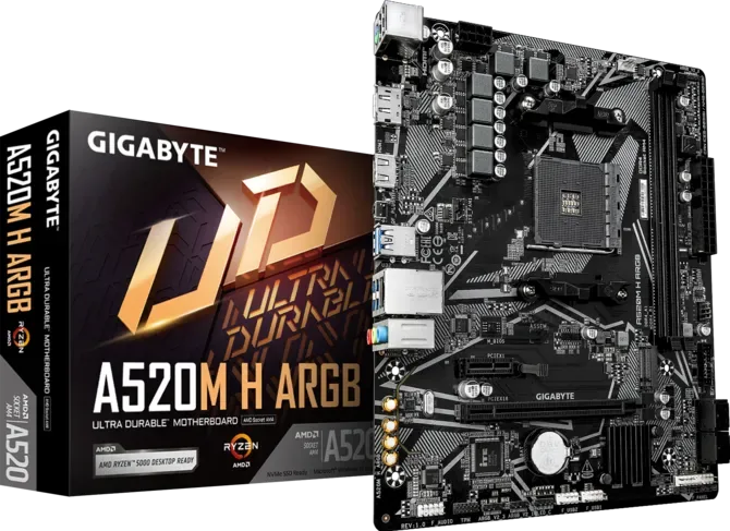 Tarjeta Madre Gigabyte A520M H ARGB Micro ATX Socket AM4 | Compatible con procesadores AMD Ryzen 5000, 4000 G y 3000 | 2 ranuras DDR4 de hasta 64 GB | Ranura M.2 NVMe PCIe 3.0 x4 | 4 puertos SATA de 6 Gb/s | 3 conectores ARGB y 1 conector RGB | Salidas HDMI y DisplayPort | Red Gigabit Ethernet