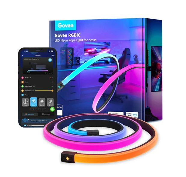 Luces LED Neón RGBIC Govee para Escritorio de 3m (9.8ft) | 42 Segmentos Controlables con 84 LEDs/m | 16.8 Millones de Colores | Wi-Fi 2.4GHz + Bluetooth | Control por App, Caja de Control y Voz (Alexa y Google Assistant) | Sincronía con Razer Chroma y Gaming Sync Box | Cortable en 12 Puntos | 24V 36W | H61C31D1
